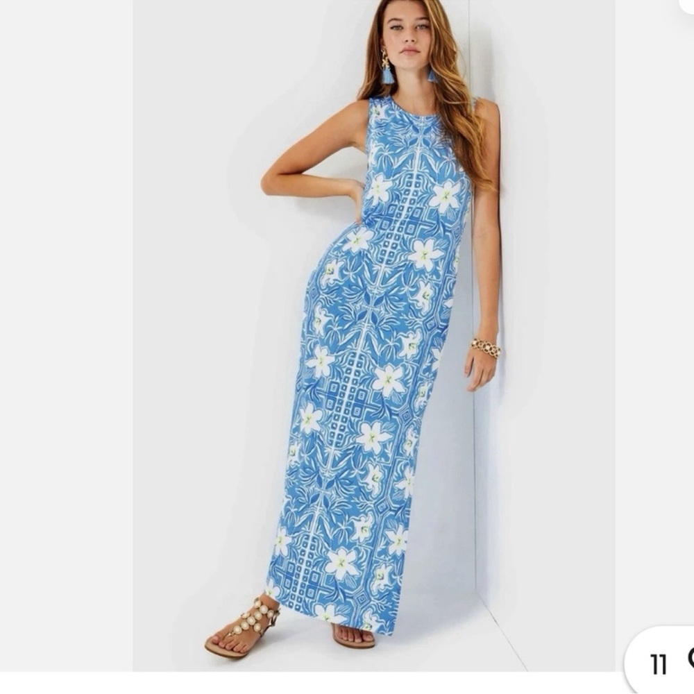 NEW Lilly Pulitzer Noelle Maxi Dress Lunar Blue My Flutter Half Engine XXS